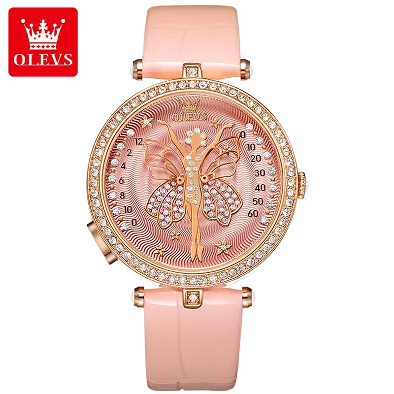 OLEVS Quartz Womens Watches New Leather Watch Luxury Diamond Set Case Casual Butterfly Dial Design 30M Waterproof Ladies Clock