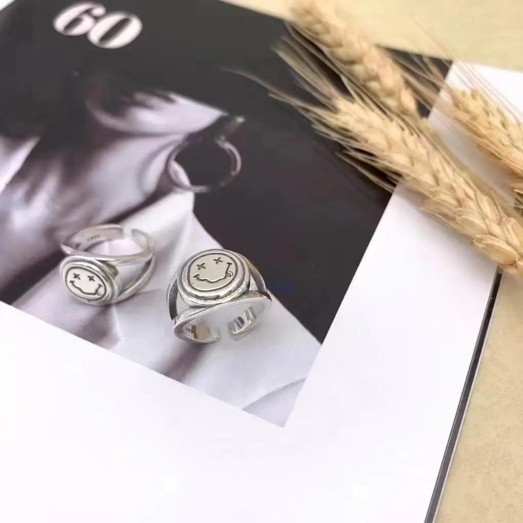

925 Silver Hip hop smiley open ring for Men Women Vintage Punk Male Sterling Silver