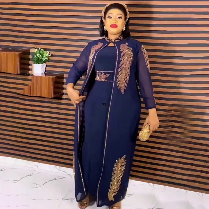 Fashion Muslim Set Elegant Party Maxi African Dresses For Women Diamond Muslim Dubai Abaya Cardigan Two Piece Set Ankara Robes