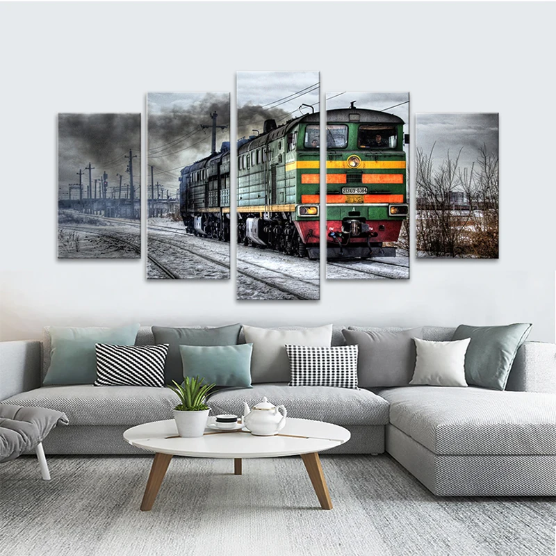 

Snow Retro Train Wall Art Home Decor Picture Canvas 5 Panel Modern HD Print Painting Modular Poster
