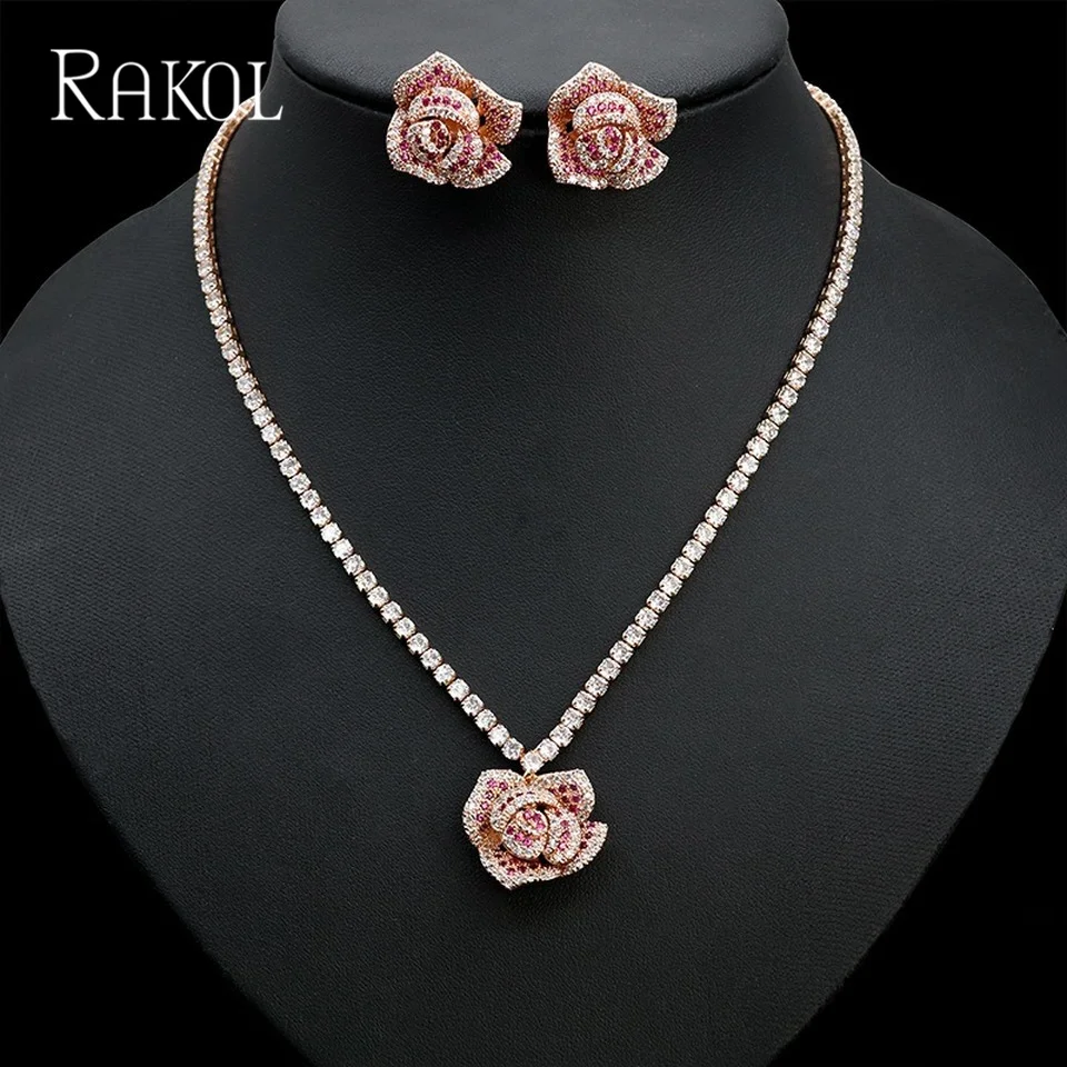 

RAKOL Cubic Zirconia Rose Flower Pendant Necklace Earrings Bridal Wedding Jewelry Sets for Women 2022 Luxury Dress Accessories