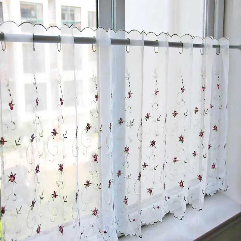 

Lace Floral Short Curtains Pastoral Embroidered Floral Short Voile Curtains Wave Hem Tulle Kitchen Roll Valance Home Decoration