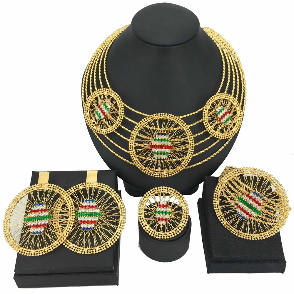 Модные Позолоченные Ювелирные наборы для женщин большое ожерелье серьги кольцо