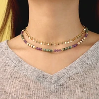 diy semi precious stone beaded necklace vintage multilayer geometric gold plated sliced short clavicle chain for women jewelry