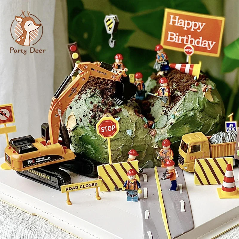 Engineering Vehicle Cake Decor Digging Machine Cake Toppers Crane Cake Decors Happy Birthday Party Decor Kids Boys Birthday Toys