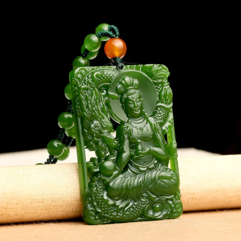 

Natural Green Handmade Double-sided Carved Guanyin Pendant Fashionable Boutique Men's and Women's Necklace Pendant