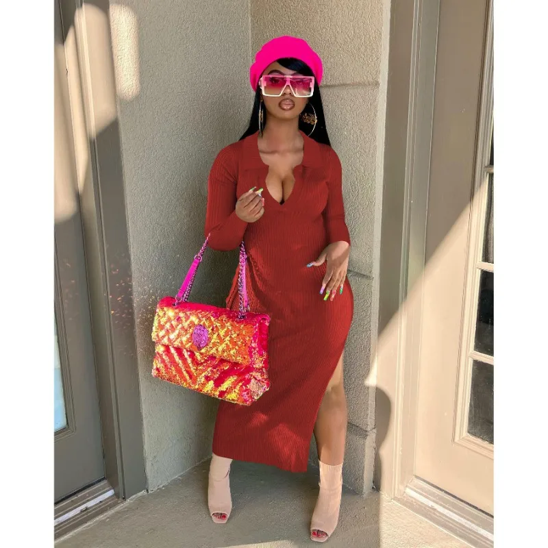 

Solid Ribbed Split Slim Maxi Dress for Women Autumn 2023 V Neck Long Sleeve High Waist Casual Elegant Dresses Trends Streetwear