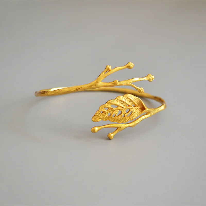 

Регулируемый браслет унисекс с открытым концом и покрытием из настоящего золота в форме листа, высококачественные женские ювелирные издел...