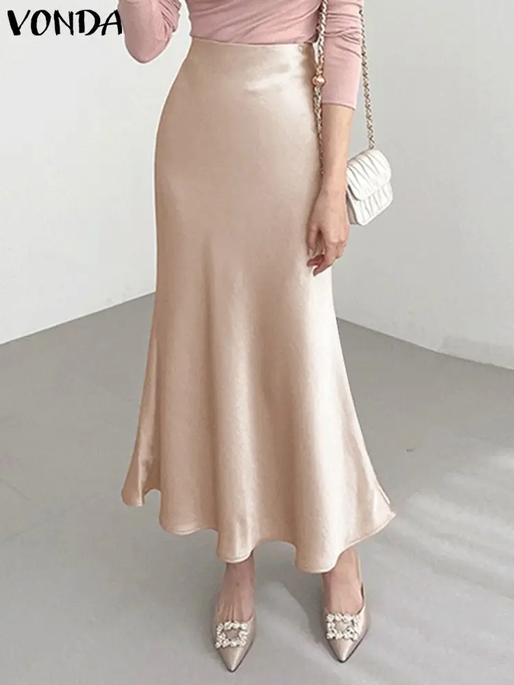 

VONDA Elegant Satin Skirts 2023 Summer Pleated Loose Streetwear Maxi Long Skirts Women High Waist Casual Solid Color Bottoms