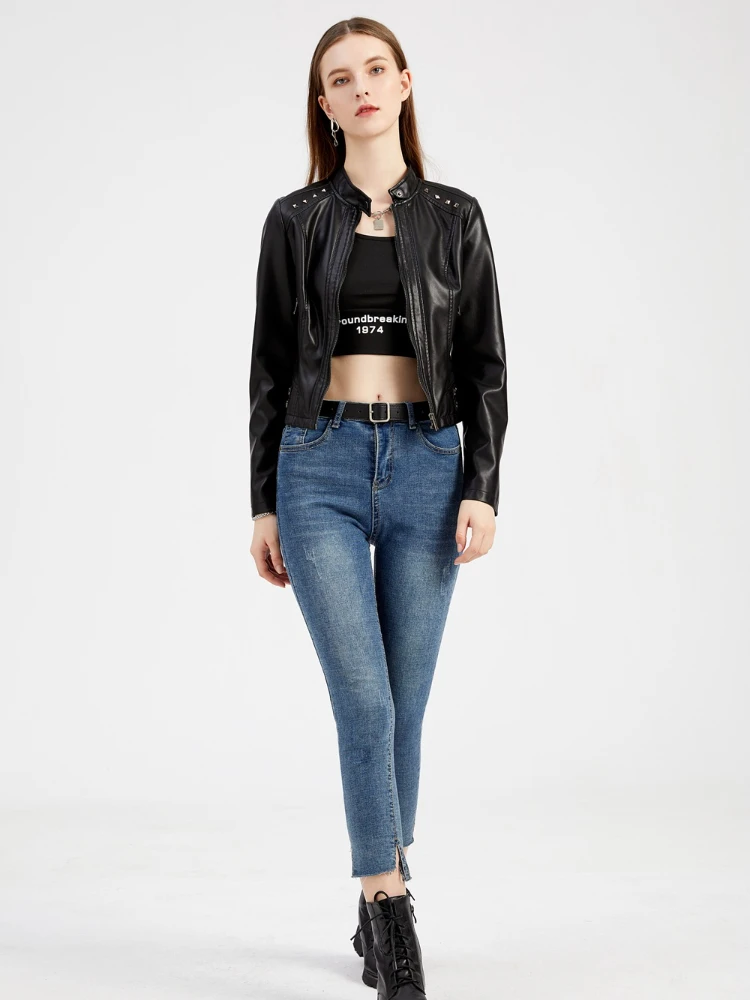 Fashion Stand Collar Long Sleeve Rivet Leather Jacket Women 2022 Autumn New Casual Zipper Short Jackets High Street PU Thin Coat