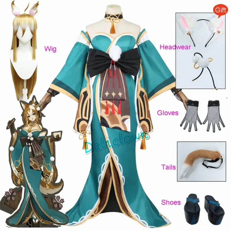 Genshin Impact Ms Hina Gorou Косплей Костюм Женский наряд Парик Аксессуары для хвоста Обувь