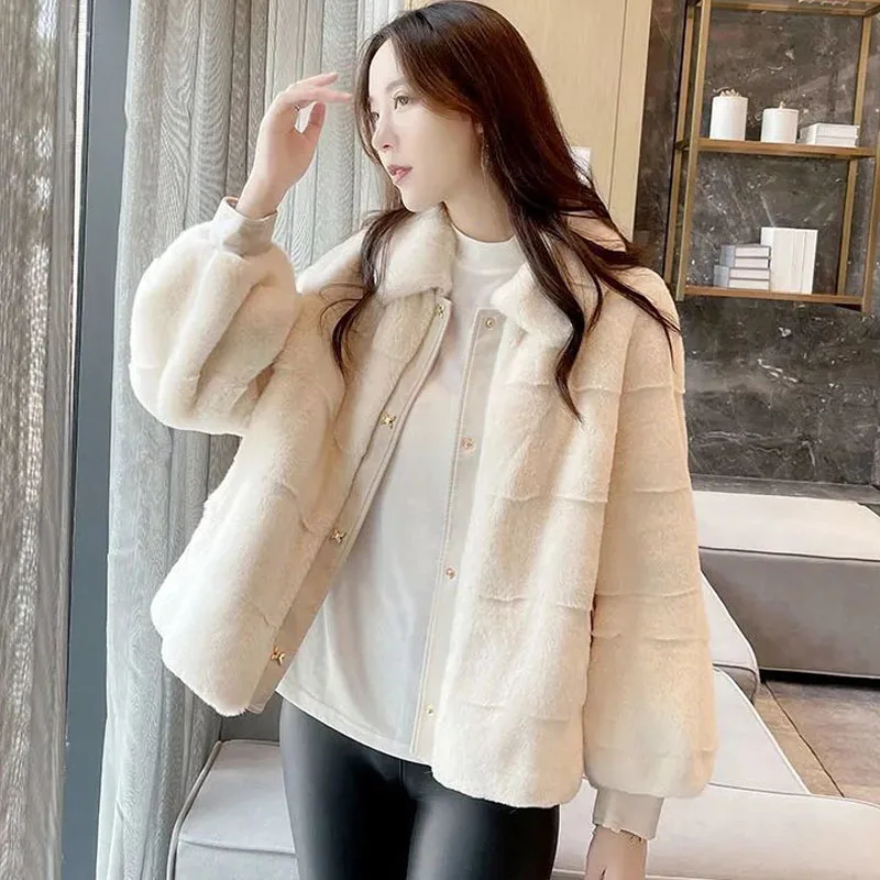 Parkas Women's  Short Fur Coats 2022 Winter  japan white Faux Fur Mink Velvet Button Splicing Casual Warm Jackets Woman
