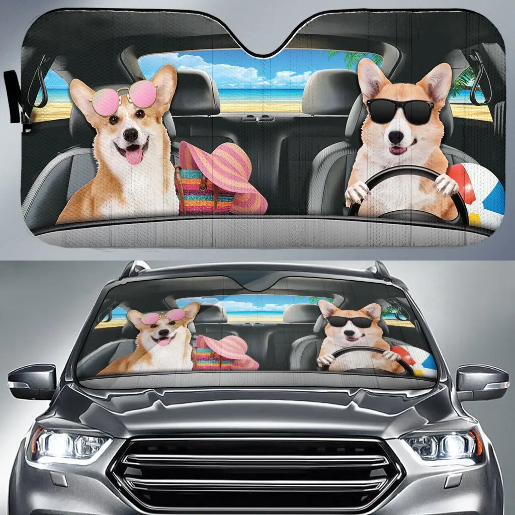 

Cute Welsh Corgi Dogs Drive Car Sunshade, Funny Corgi Driving Through City Auto Sun Shade, Aniaml Drive Car Sunshade