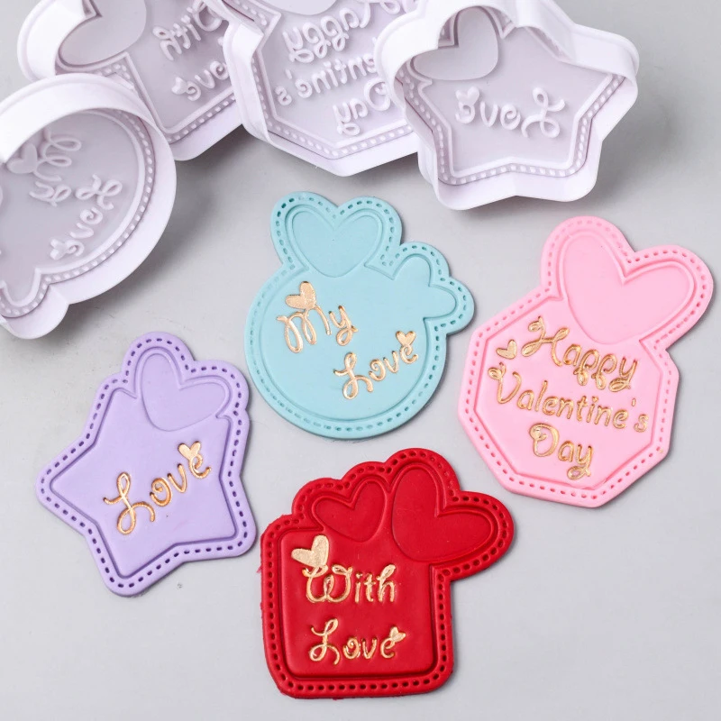 

4Pcs Valentine's Day Cookie Cutter Biscuit Press Stamp Embosser Sugar Pasty Wedding Cake DIY Chocolates Baking Mould Baking Tool