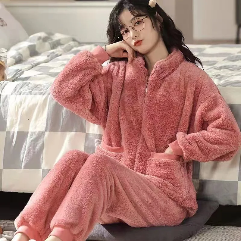 2022 New Women's Pajamas Sets Winter Thick Warm Flannel 2 Pieces/Sets Long Sleeve Trouser Suit Female Homewear Pijama
