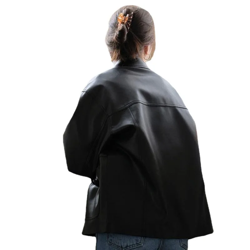 Chic Autumn Fashion Retro Lapel Motorcycle Jacket Short Loose Long Sleeved Leather Coat Women Korean Leather Blouse Jackets