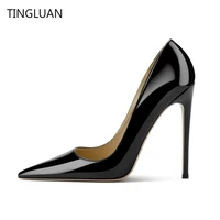 2022 new womens pointed shoes 8cm 10cm 12cm thin heels red wedding shoes large black patent leather single shoes 35 44