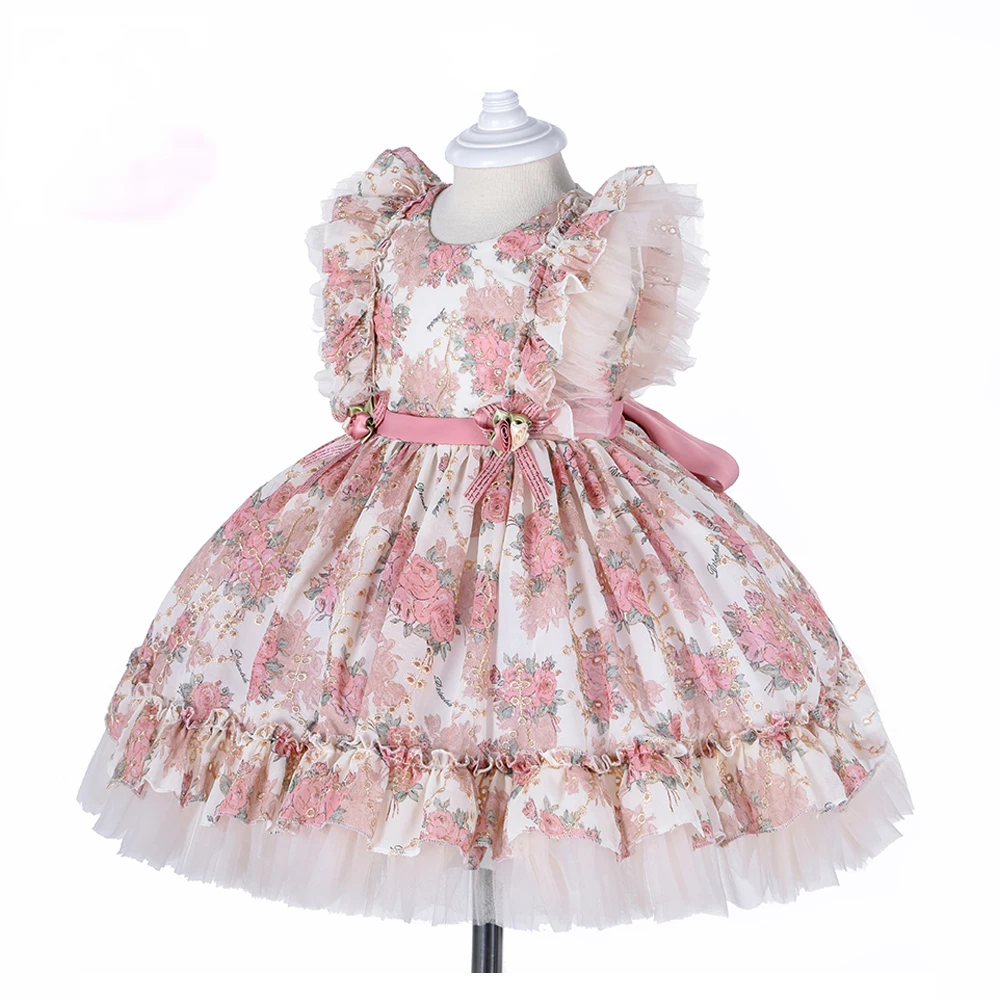 

Summer Spanish Lolita Kids Dress Embroidery Lace Cute Pink Girls Dress Princess Birthday Party Dress Newborn Girls Dress