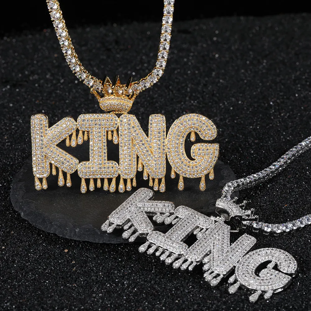 TopBling Hip Hop A-Z Custom Letter Pendant Necklace Waterdrop Charm Crown Buckle 18K Real Gold Plated Jewelry