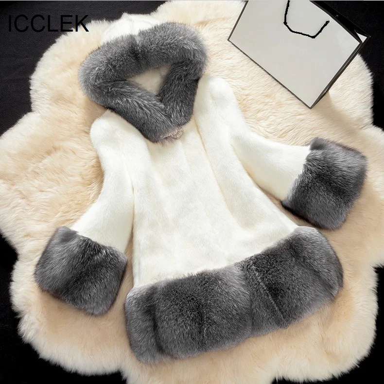 ICCLEK Imitation fur coat imitation mink women's coat imitation fox fur collar hooded medium long artificial fur