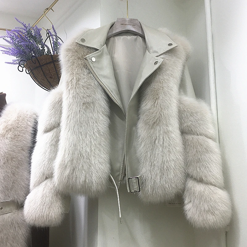 2021 New Thicker Jacket Fox Fur Coat Ladies Motorcycle Model Leather Fashion Short Ladies Zipper Fur Stitching Jacket