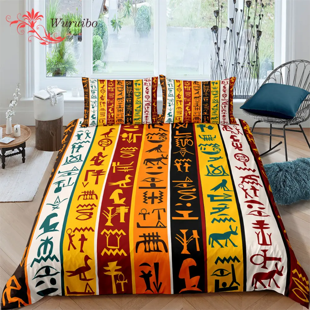 

Ancient Egypt Duvet Cover Set Egyptian Symbol Bedding Sets Vintage Pharaoh Pyramid Boho Tribal Polyester Quilt Cover Queen King