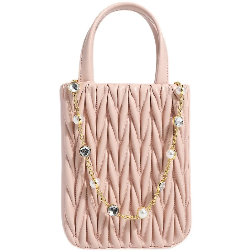 Женская плиссированная Сумка-тоут маленькая сумочка с цепочкой и жемчугом