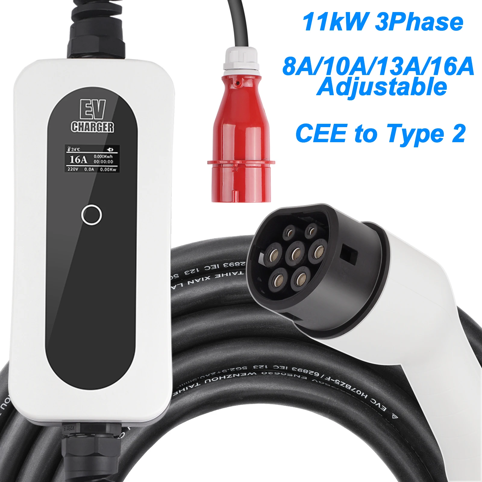 

EV Charger Type 2 IEC 62196-2 Switchable 8/10/13/16A 3Phase Portable EV Charging Box Cable CEE Plug EVSE For Electric Vehicle