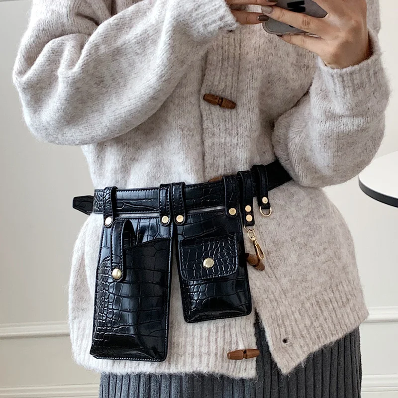 

Waist Bags for Women Two Pockets Waist Belt Bag 2021 Female Jacket Jeans Belt Fanny Packs Pattern Stone Leather Bum Phone Pouch
