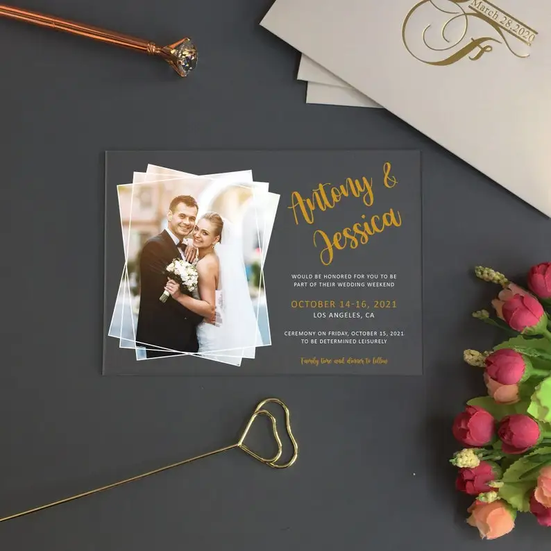 

Custom Photo Acrylic Wedding Invitation ,Gold Acrylic Invites, Acrylic Invitation with Picture, Eucalyptus, Peony, Rose, Blush