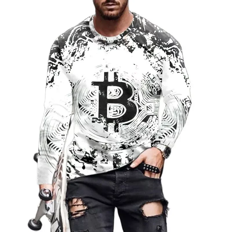 

2023NEW Bitcoin Graphic 3D Pringted Men's T-shirts Spring Streetwear Round Neck Long Sleeve Casual Loose Tops Tee Men Clothi