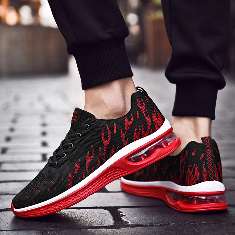 Men's Flame Printed Running Shoes Air Cushion Breathable Male Sneakers Lightweight Casual Sports Shoes Marathon Athletic Shoes