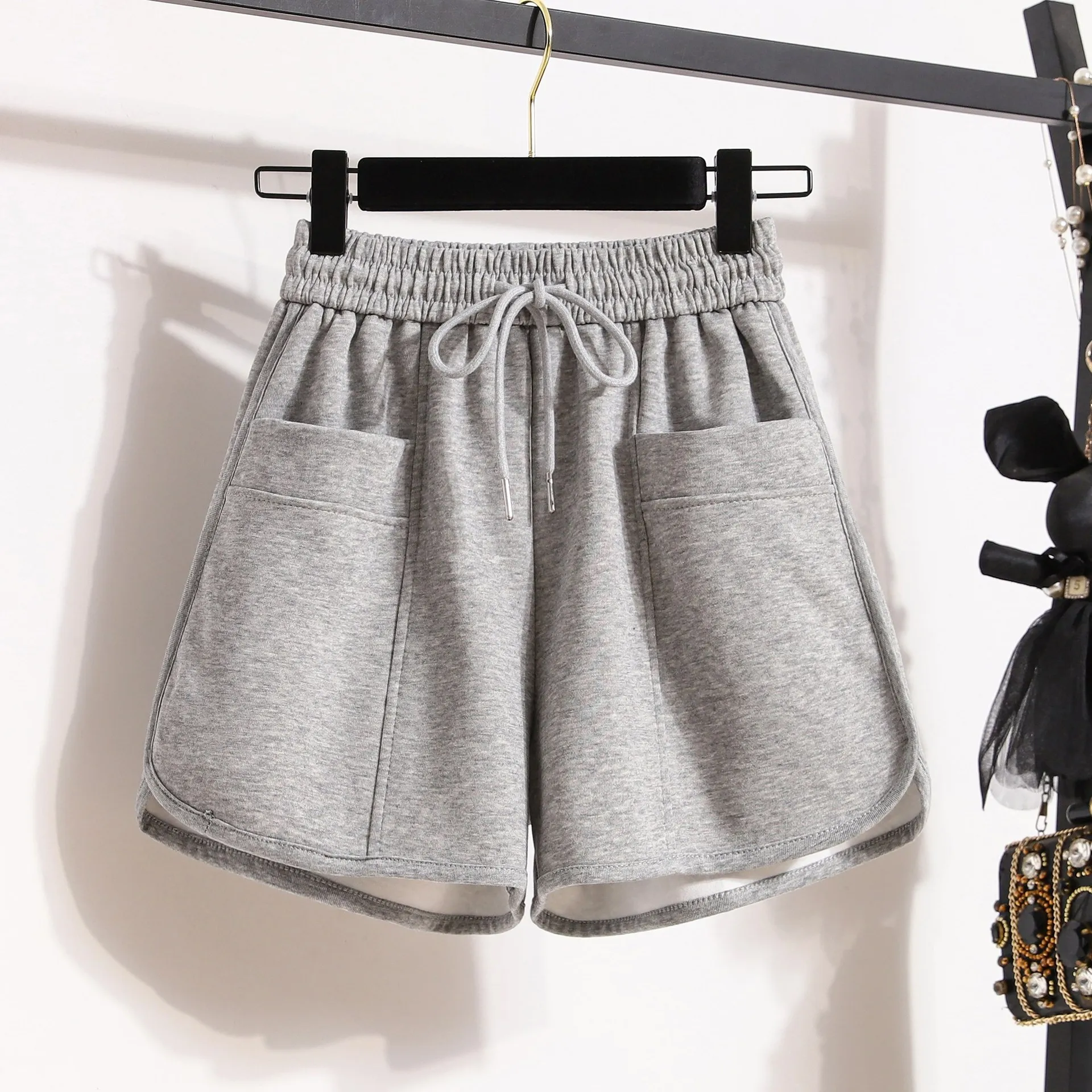 Casual Shorts Women Summer 2023 Candy Color Elastic Waist Sweatshort With Double Pokcets Korean Style Cotton Breathable Shorts