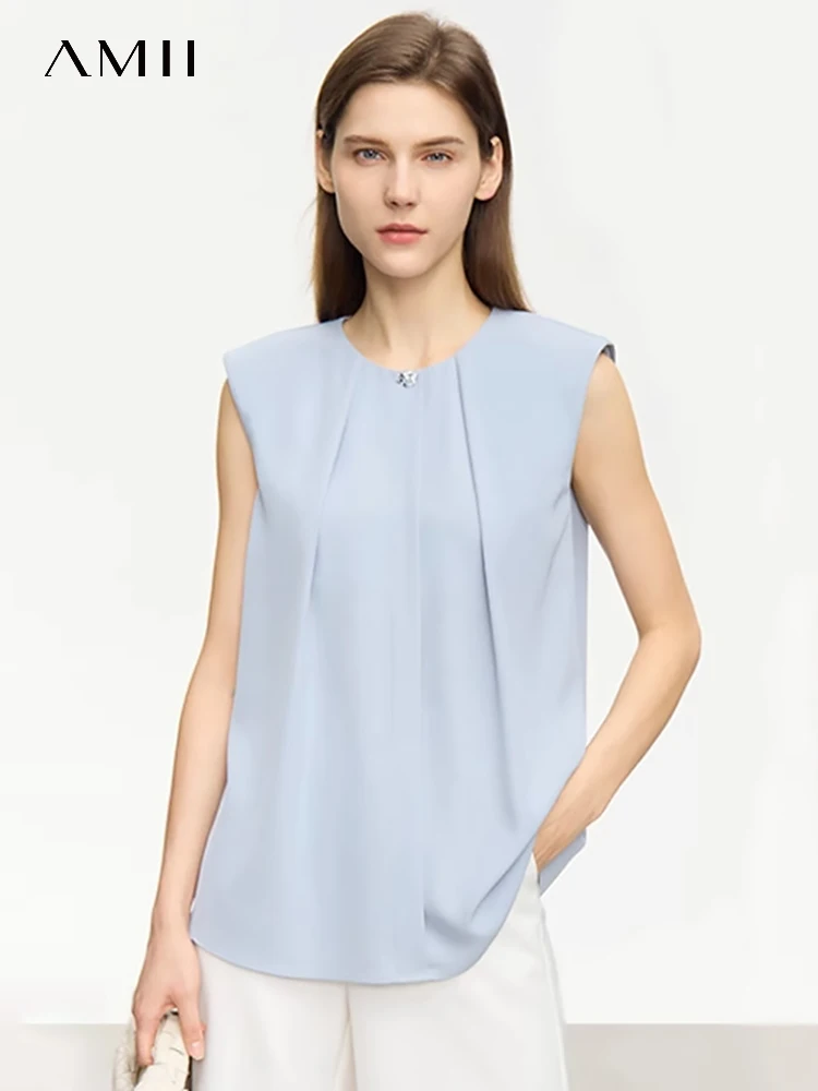 

AMII Minimalism 2023 Summer New O Neck Sleeveless French Female Shirts & Blouses Office Lady Chic Women Tops Clothing 12342613