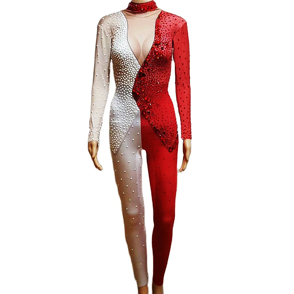 

Red And White Patchwork Shining Crystal Rhinestones Pearls Sexy Women Jumpsuits Nightclub DJ Clothing Stage Singer Costumes
