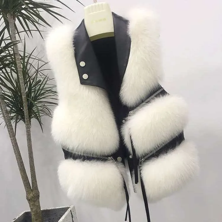 Leather vest Women's lapel no cufflinks Slim fit large imitation fur coat 2021 fur one-piece jacket