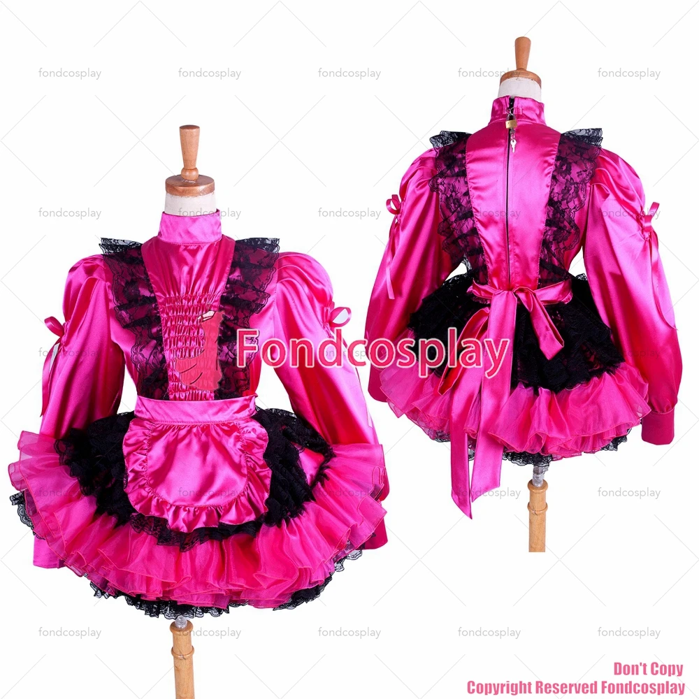 

tailor-made sexy adult dressing cross maid sissy short lockable uniform hot pink satin lace dress costume tv/cd[g1408]