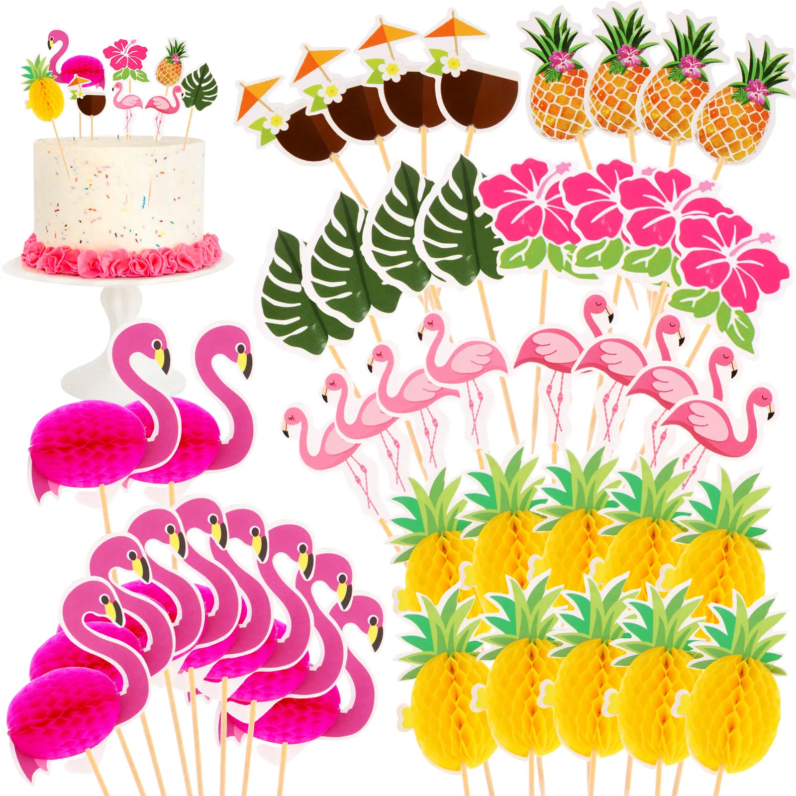 

44 Pcs Palm Leaves Flamingo Cupcake Topper Hawaiian Summer Party Cake Decoration Kids Jungle Birthday Party Tropical Wedding