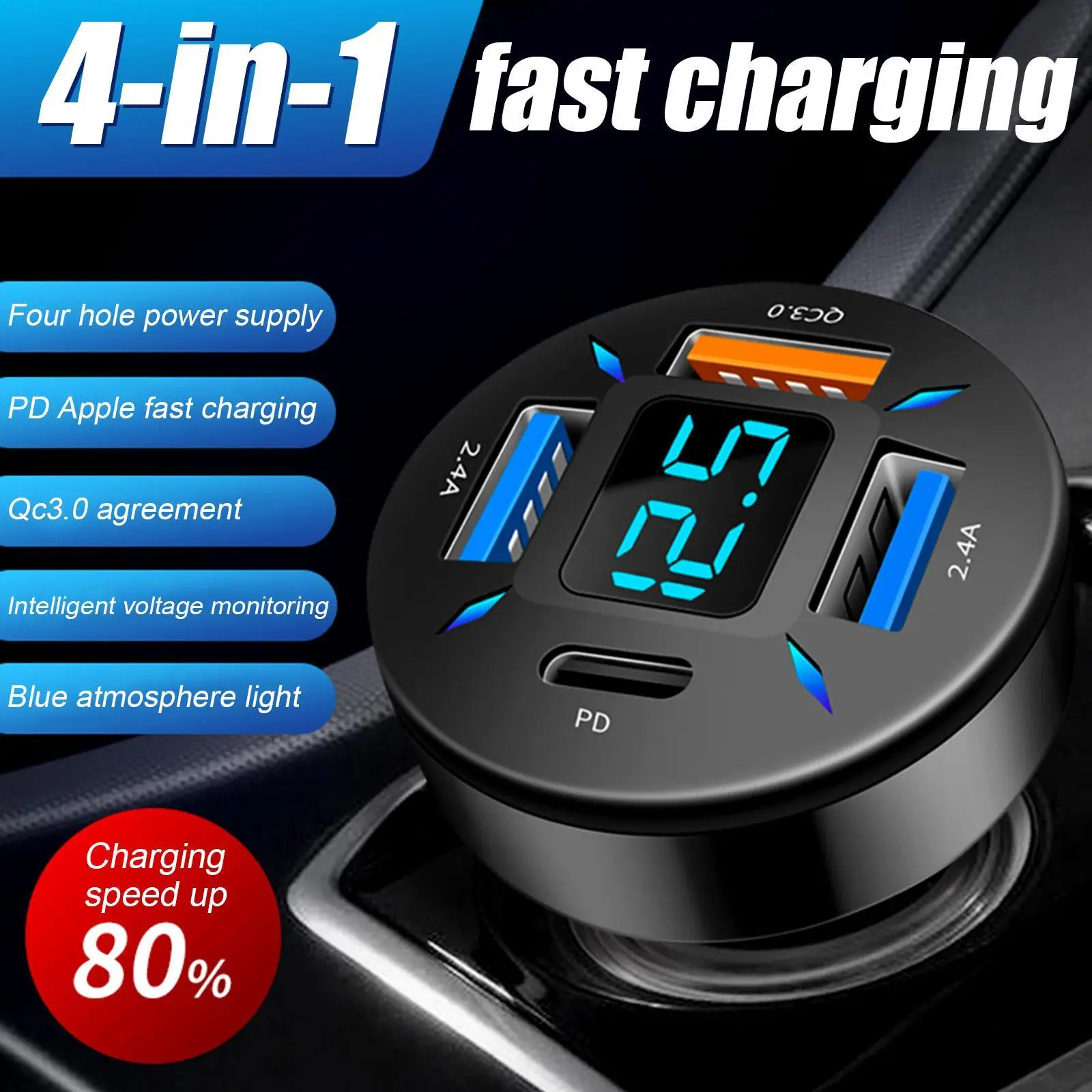 

66W Car Charger Quick Charge Cigarette Lighter Adapter 4-Port USB A+USB C Fast Charging Phone Charger For IPhone Xiaomi Samsung