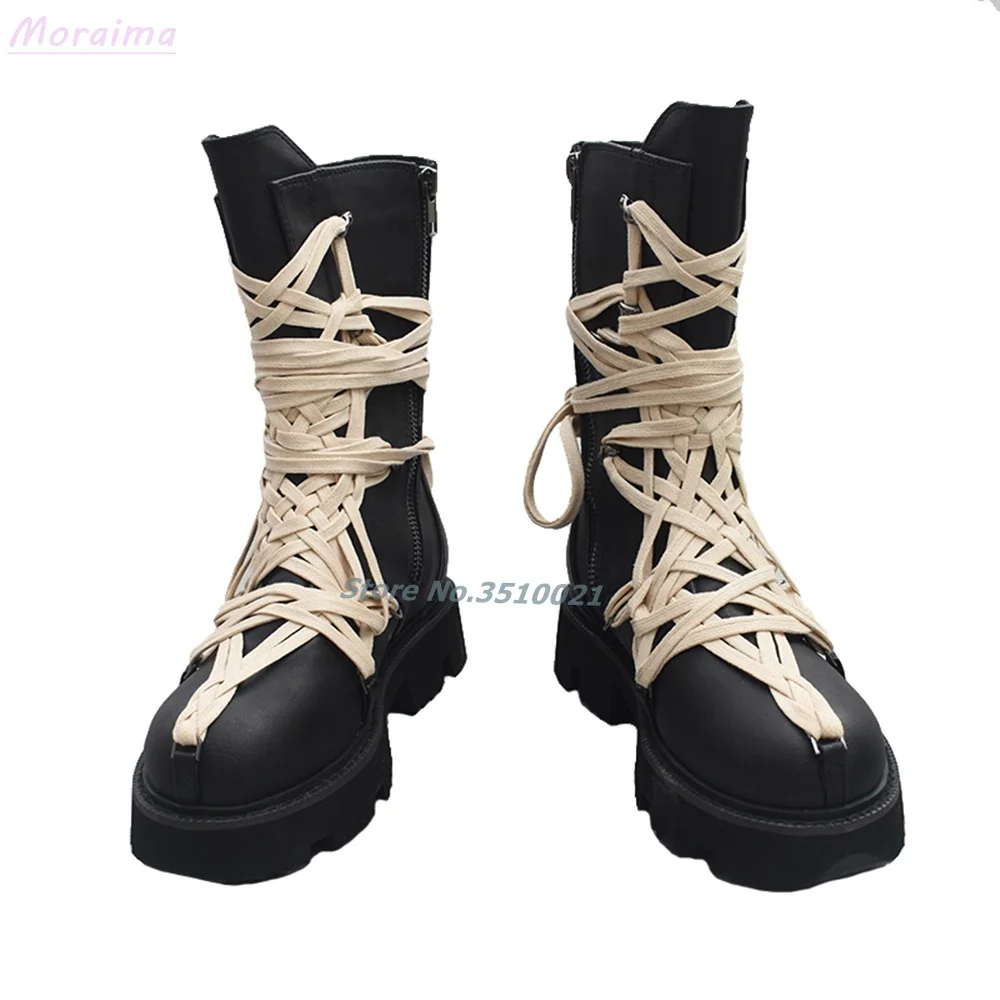 Lace-Up Round Toe Cool Boots Mid-Calf Leather Cross Strap Side Zipper Black Zipper British Style Casual Women Shoes Fashion New