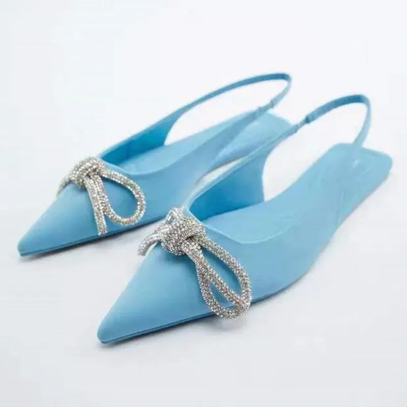 

ZARZ 2022 Summer New Blue Pointed Toe Bow Fashion Flat Shallow Mouth Back Strap Flat Sandals Rhinestone Sexy Muller Single Shoes