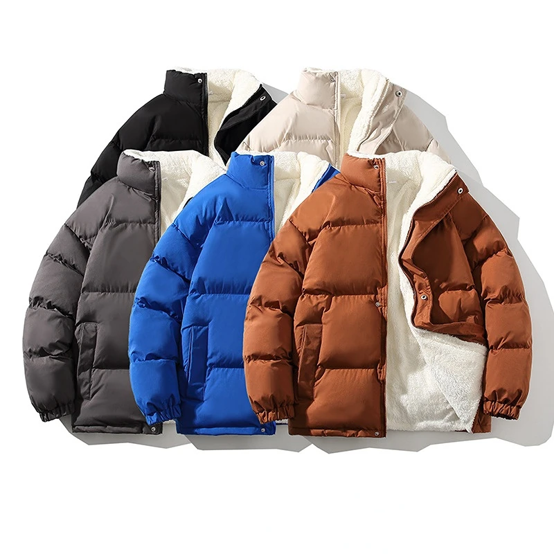 2022 New Style Men's Plush Thickened Cotton Padded Jacket Korean Stand Collar Loose Solid Color Warm Casual Cotton Jacket