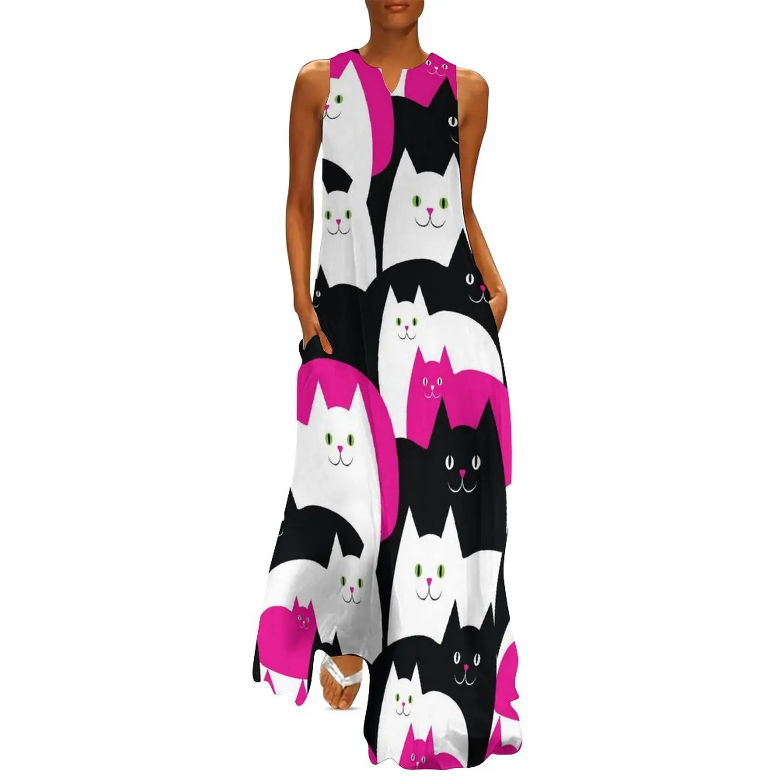 

Cute Kitty Cats Dress Black White Pink Vintage Maxi Dress Street Fashion Bohemia Long Dresses Ladies V Neck Print Big Size Tops
