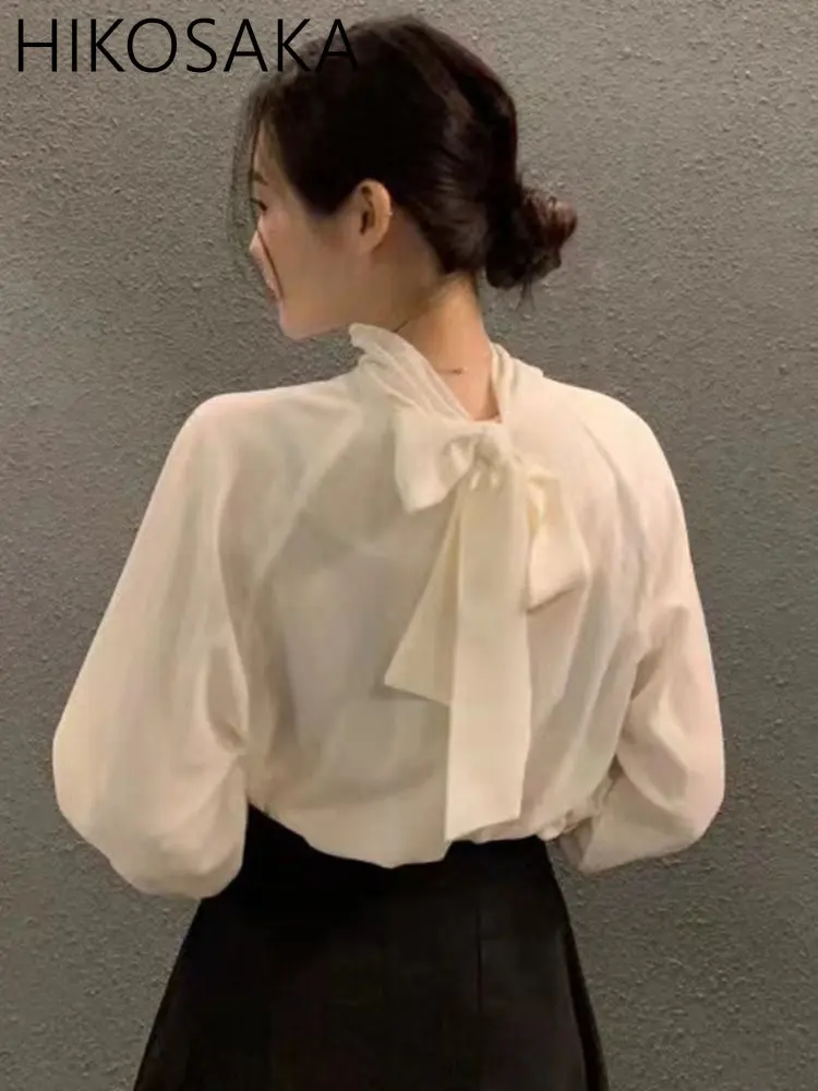 Блузка Женская Офисная однотонная с воротником-хомутом и бантом на спине