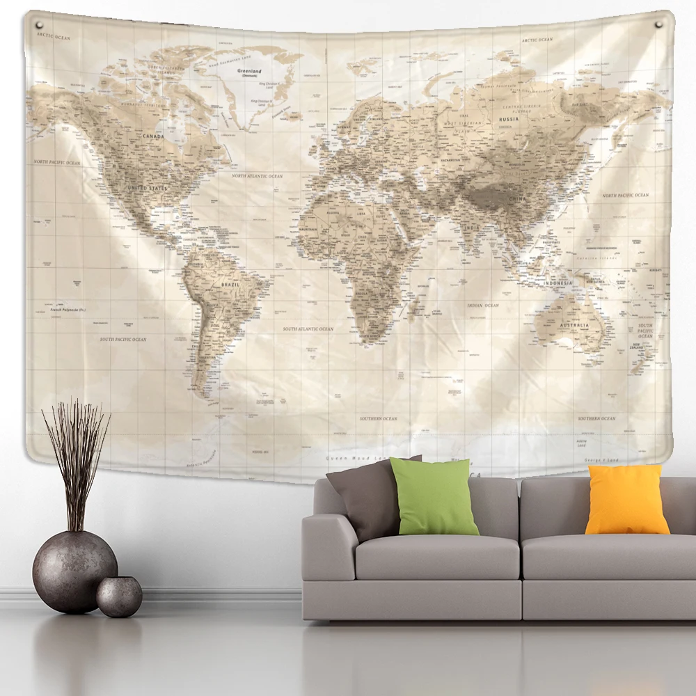 Желтый гобелен в стиле ретро с картой настенный бохо Минималистичная