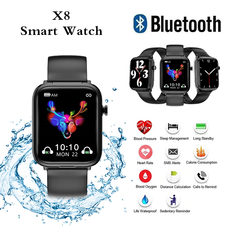 

Спортивные Смарт-часы X8, фитнес-трекер с пульсометром, мужские часы, наушники, часы 2 в 1, Bluetooth, звонки, Беспроводные водонепроницаемые часы