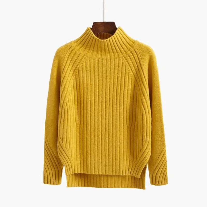 

Winter Mock Neck Split Sweater for Women O Neck Casual Pullover Loose Long Sleeve Knitted Tops Korean Fashion Stretch Knitwears