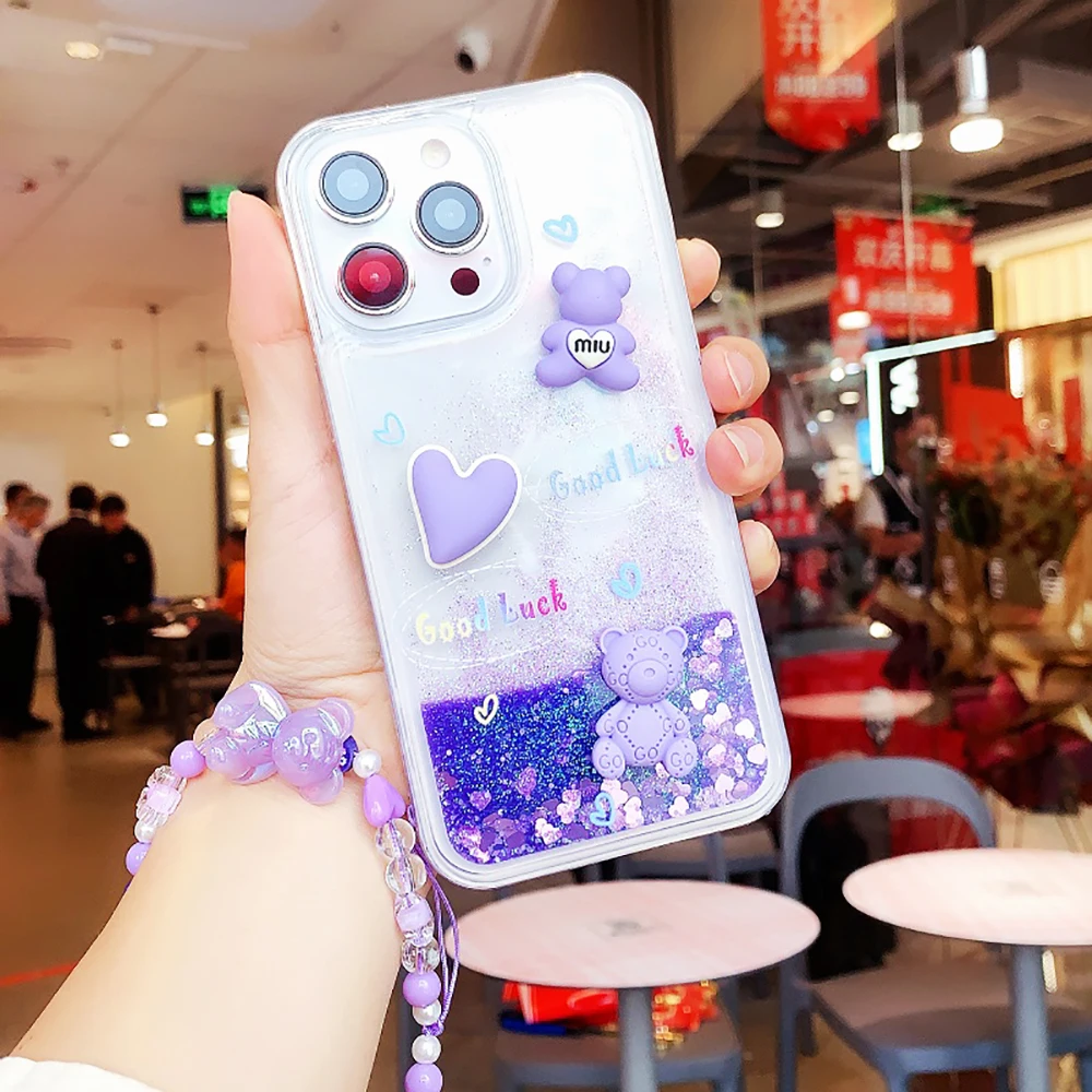 

3D Love Heart Bear Glitter Lanyard Phone Case For Samsung Galaxy S23 S22 S21 Ultra S20 FE A72 A71 Liquid Quicksand Bling Cover