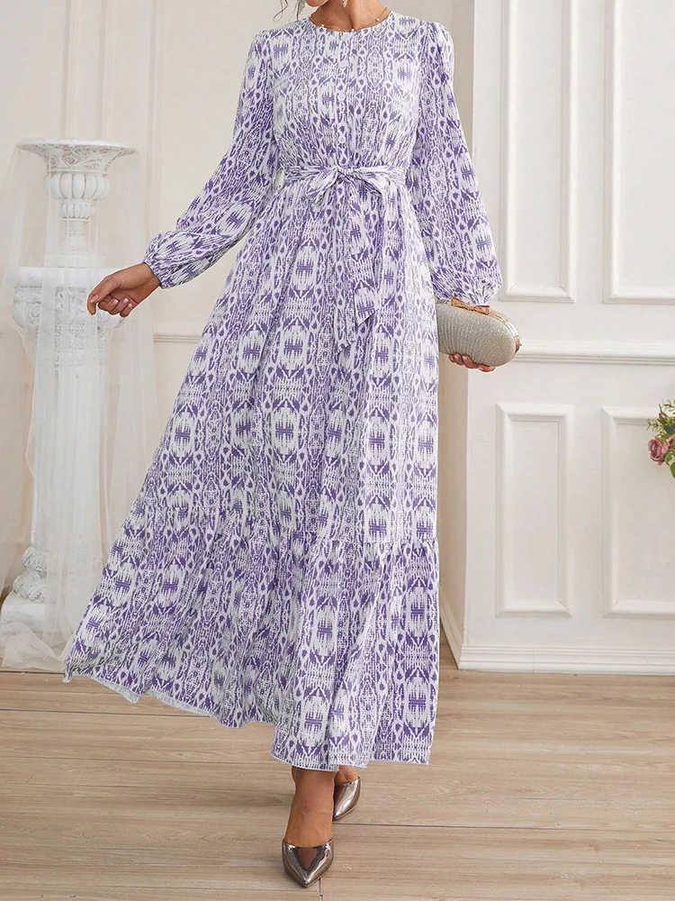 

Women Long Sleeve Maxi Dress Fashion Bohemian Long Robes Female Waistband Print O-Neck Casual Holiday Dresses