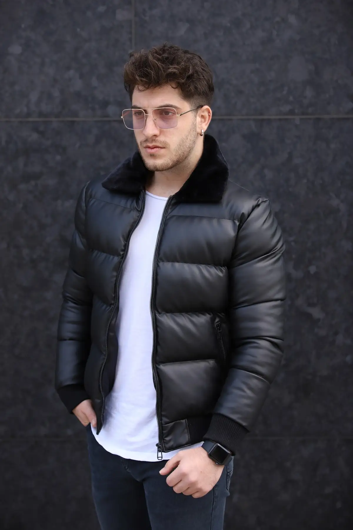 Men's Inflatable Shiny Leather Jacket